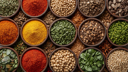 Vibrant array of spices and herbs in ceramic bowls