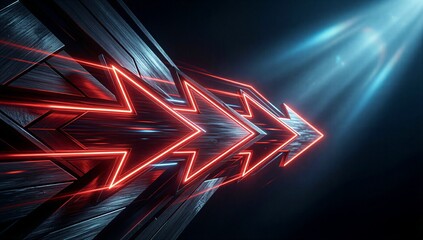 Neon red arrows glow in dark space, futuristic metallic design with vibrant light trails and lens flares.