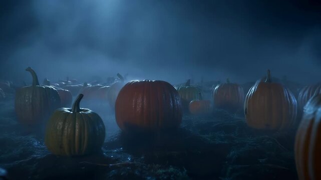 Foggy Pumpkin Patch at Midnight