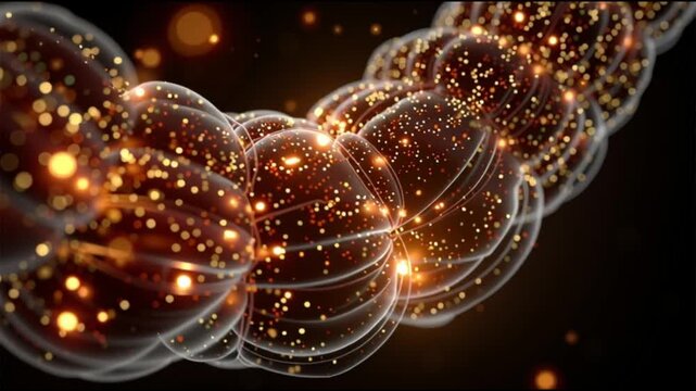 Gut dysbiosis. Intestinal inflammation. Microbiome inflammation. Metabolic. Ecosystem diversity. Abstract glowing structure with sparkling particles on a dark background.
