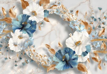 A floral ring of stylized flowers in varying shades of blue, white, and gold, arranged against a marble background