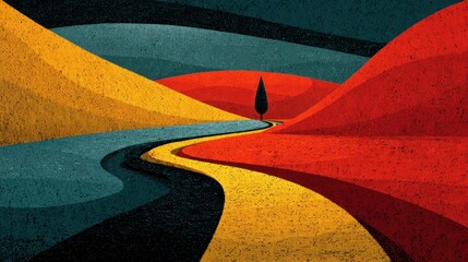 Abstract Landscape with a Winding Path and Lone Tree in Vibrant Colors