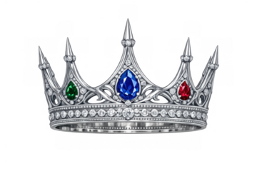Silver crown representing royalty and power, adorned with sapphire, emerald, ruby, and diamonds, transparent background