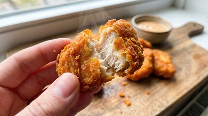 Hand holding golden crispy fried chicken nugget showing white meat inside, sauce and more nuggets on wooden board background