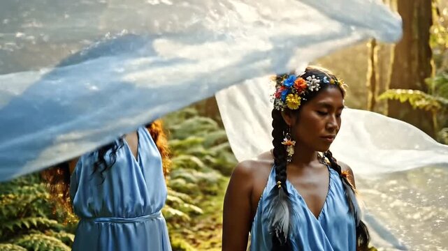 Two women in blue dresses forest.