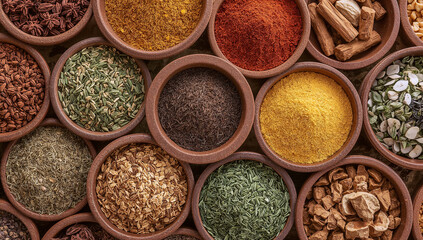 Fototapeta premium Vibrant collection of diverse spices and herbs in rustic bowls