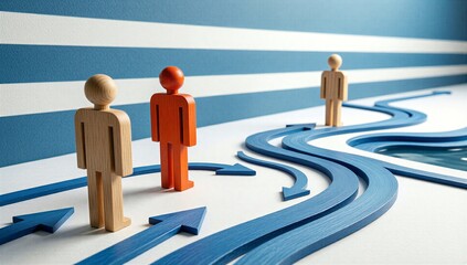 Three figures stand at crossroads, choosing paths marked by blue arrows ahead.