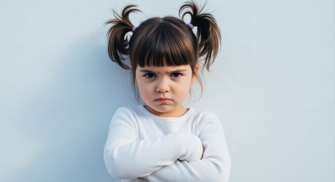 Grumpy Young Girl with Arms Crossed Leaning Against Wall Feeling Upset and Annoyed, Displaying Strong Emotion