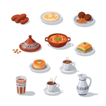 Assorted Moroccan Dishes and Beverages Displayed.