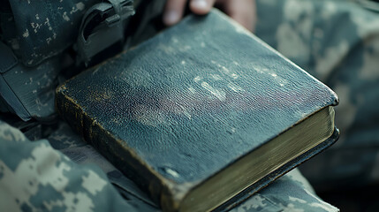 A soldier is holding a Bible