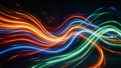 Vibrant light trails swirl through cosmic space, glowing hues dance against starry background.