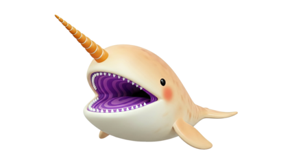 Cute 3D Narwhal with an Orange Spiral Horn and Open Mouth