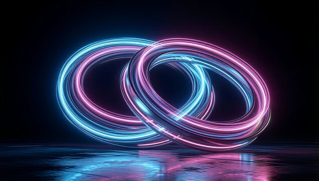 Neon blue and pink light trails form infinity symbol, glowing above reflective dark surface. - Powered by Adobe