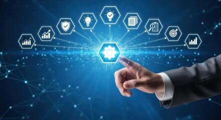 Naklejka premium Business process automation and optimization, hand touching virtual interface with icons representing efficiency, quality, and productivity