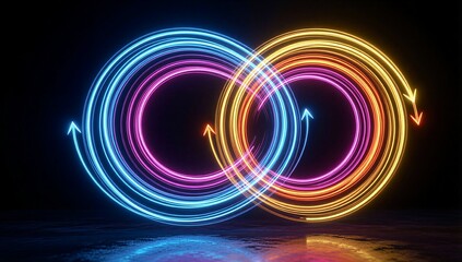 Neon light circles glow in blue, purple and gold against dark background.