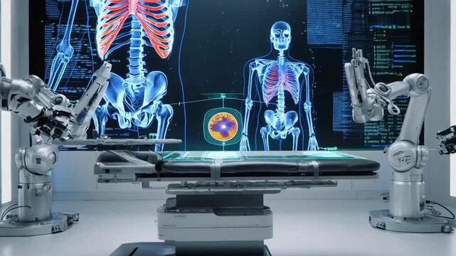 The screenshot displays a futuristic medical workstation featuring robotic arms and a digital interface showcasing human anatomy. The combination of advanced technology, including X-ray images and gra