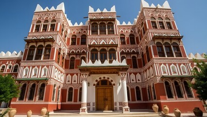 Ornate Red and Pink Historical Building with Intricate Archways and Detailed Facade