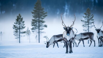 Herd of Reindeer Standing in a Snowy Winter Forest Landscape During a Blizzard
