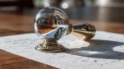 Crystal ball reflecting historic building facade with golden handle on parchment