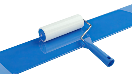 Paint roller applying blue paint on a flat surface