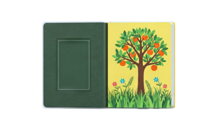 Open book with orange tree illustration and embossed cover