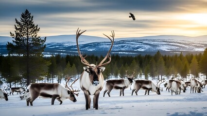 Herd of Reindeer Grazing in a Vast Snowy Landscape at Golden Hour Sunrise