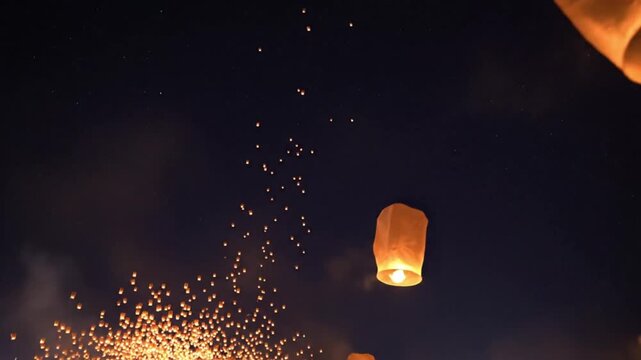 A breathtaking spectacle unfolds as countless illuminated sky lanterns gracefully ascend into the deep, dark night sky. Their warm, glowing lights create a mesmerizing stream of orange and amber again