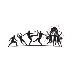Obraz premium A dynamic sequence illustration capturing the exhilarating journey of football players from intense play to the explosive joy of scoring a triumphant goal, highlighting teamwork and shared victory