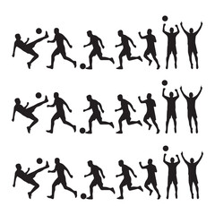 Stylized vector silhouettes of soccer players in dynamic action, depicting powerful kicks, agile dribbling, precise headers, and enthusiastic goal celebrations on the field