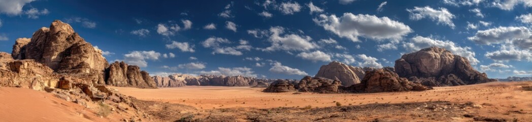 Fototapeta premium A sweeping panorama showcases towering rock formations rising from a vast desert expanse beneath a dramatic, cloud-filled sky