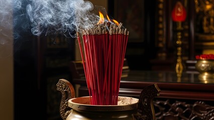 Red Incense Sticks Burning and Smoking in a Traditional Asian Temple Setting