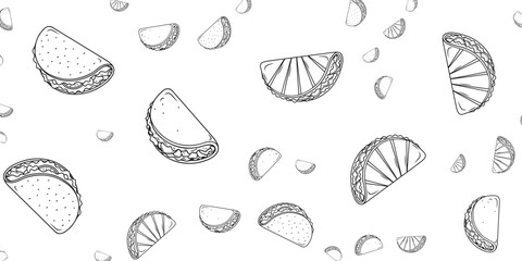 Delicious Taco Pattern - A Hand-Drawn Illustration of Various Tacos Scattered Across a White Background