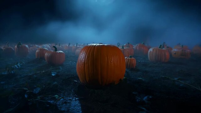 Foggy Pumpkin Patch at Midnight