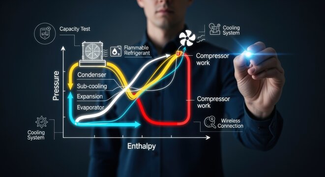 HVAC System Diagram Visualization with Engineer Pointing to Flow Chart on Transparent Interface