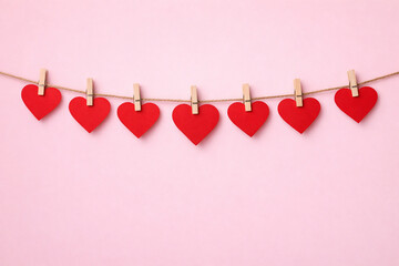 Red Valentine's Day Paper-Cut Hearts Attached to a Rustic Clothes Line on Pink Background with Copy Space for Romantic Holiday
