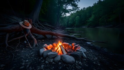 Cozy campfire burning brightly by a dark riverbank surrounded by roots and forest at night.