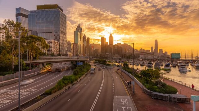 Time lapse video of traffic and Hong Kong skyline at sunset, Hong Kong Island, Hong Kong, China, Asia