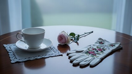 Elegant setting with a white teacup, saucer, pink rose, and lace gloves on a wooden table.