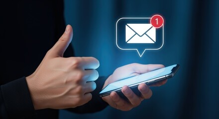 Email Notification on Smartphone with Person Giving Thumbs Up, Representing Success and Approval