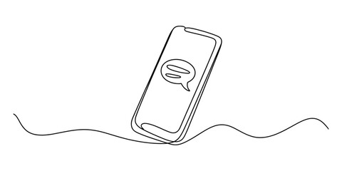 Single continuous line art illustrating a smartphone showing a text message bubble on the screen Vector, illustration © Jotish_Design Store