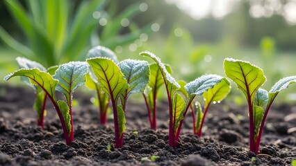 Close-up of young beetroot or chard seedlings sprouting from dark soil in a garden.
