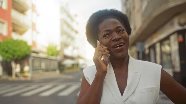 Woman holding smartphone to ear, smiling and hand on hip while standing at a zebra crosswalk on a city street in warm daylight; joy connection.