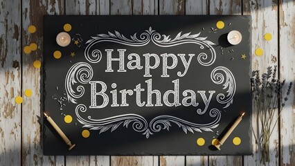 Rustic wooden chalkboard sign with "Happy Birthday" written in stylized yellow script.