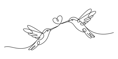 A beautiful minimalist continuous line drawing of two hummingbirds sharing a heart between their beaks Vector, illustration © Jotish_Design Store