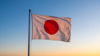 Flag of Japan waving against a bright orange and blue sunset sky on a flagpole.