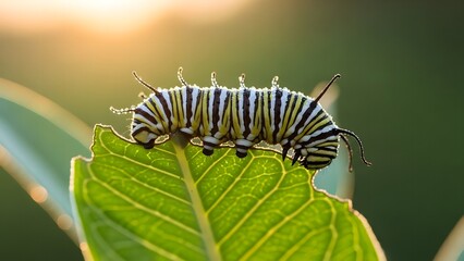 Large black and yellow striped caterpillar feeding on a vibrant green leaf in bright sunlight.