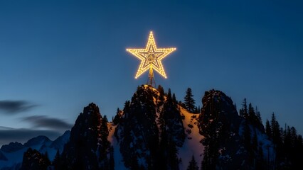 Illuminated large star decoration atop a snowy mountain peak against a dark blue night sky.