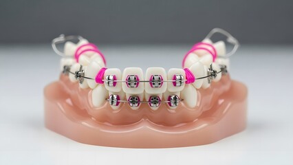Dental model showing clear aligners and colorful braces on artificial teeth and gums.