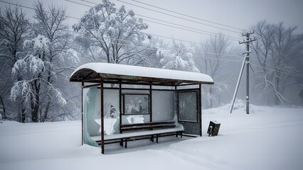 Empty bus stop shelter covered in heavy snow during a severe winter blizzard.