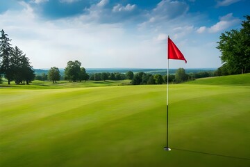 Obraz premium Serene golf course landscape with red flag on green putting surface